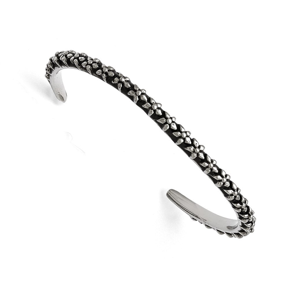 Stainless Steel Polished/Antiqued Floral Thin Cuff Bangle, 5 mm