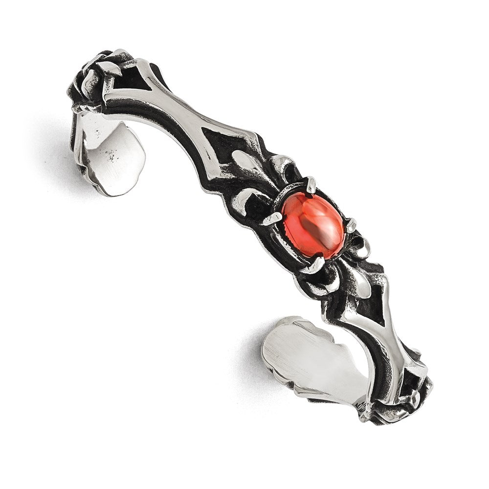 Stainless Steel Polished/Antiqued Fleur De Lis Red Glass Cuff Bangle, 11 mm