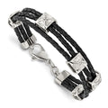 Stainless Steel Polished Black Leather 8.5in Bracelet, 8.5 x 12 mm