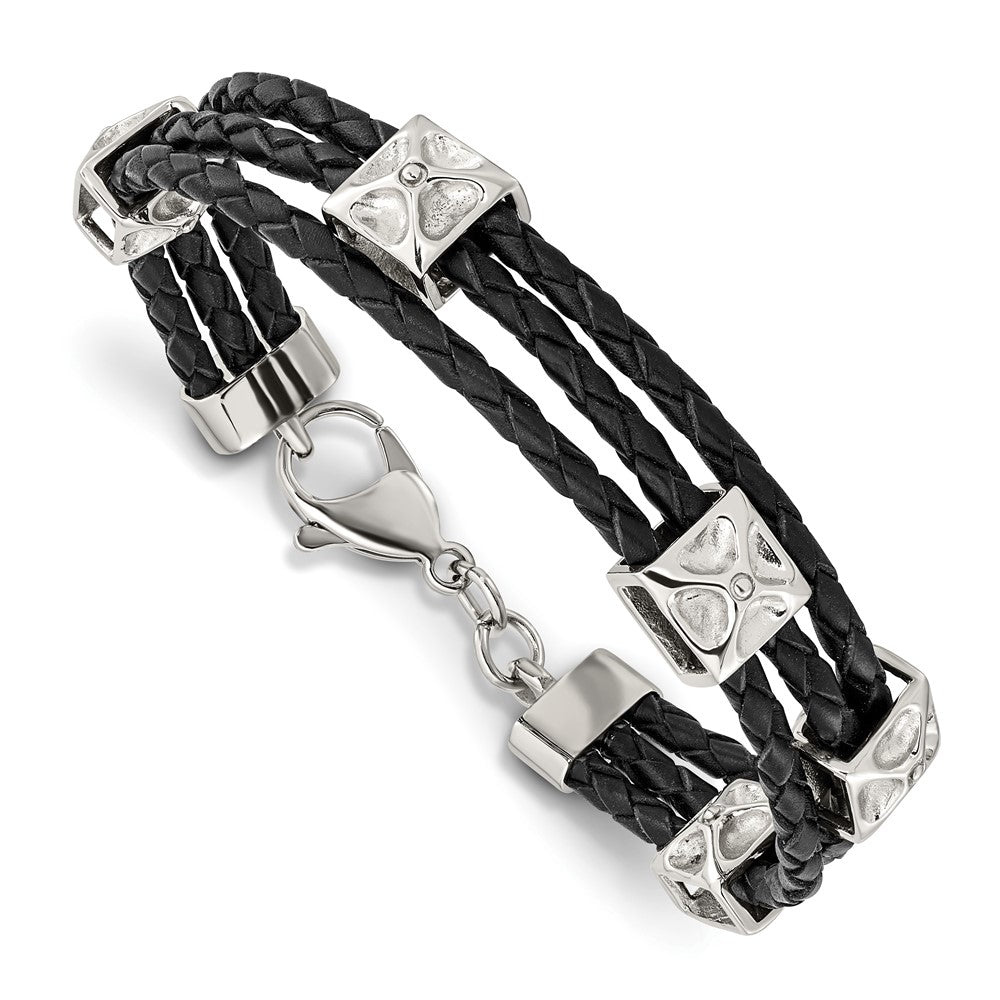 Stainless Steel Polished Black Leather 8.5in Bracelet, 8.5 x 12 mm
