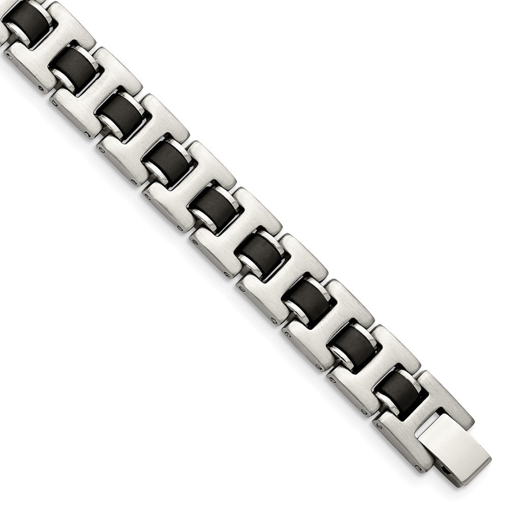 Chisel Stainless Steel Brushed with Black Rubber 8.5 inch Bracelet, 8.5 x 11 mm