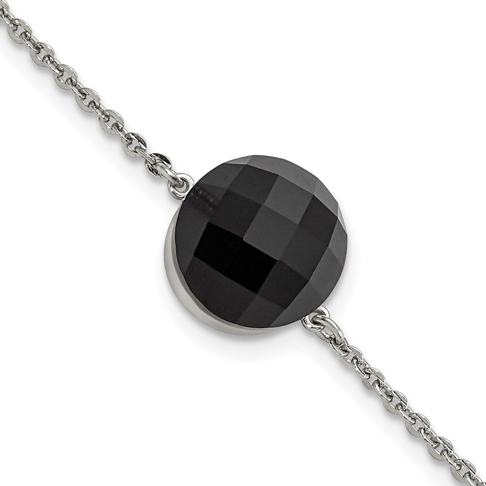 Stainless Steel Polished Dark Brown Glass w/1in ext Bracelet, 8 mm