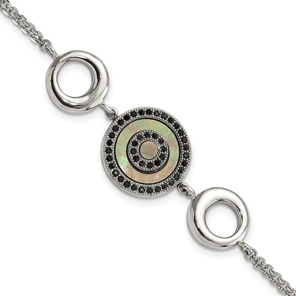 Stainless Steel Polished Black MOP & Crystal w/.5in ext Bracelet, 8 x 17.5 mm