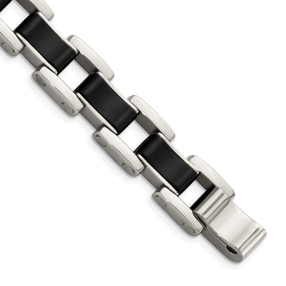 Chisel Stainless Steel Polished with Black Rubber Inlay 8.5 inch Link Bracelet, 8.5 x 14 mm