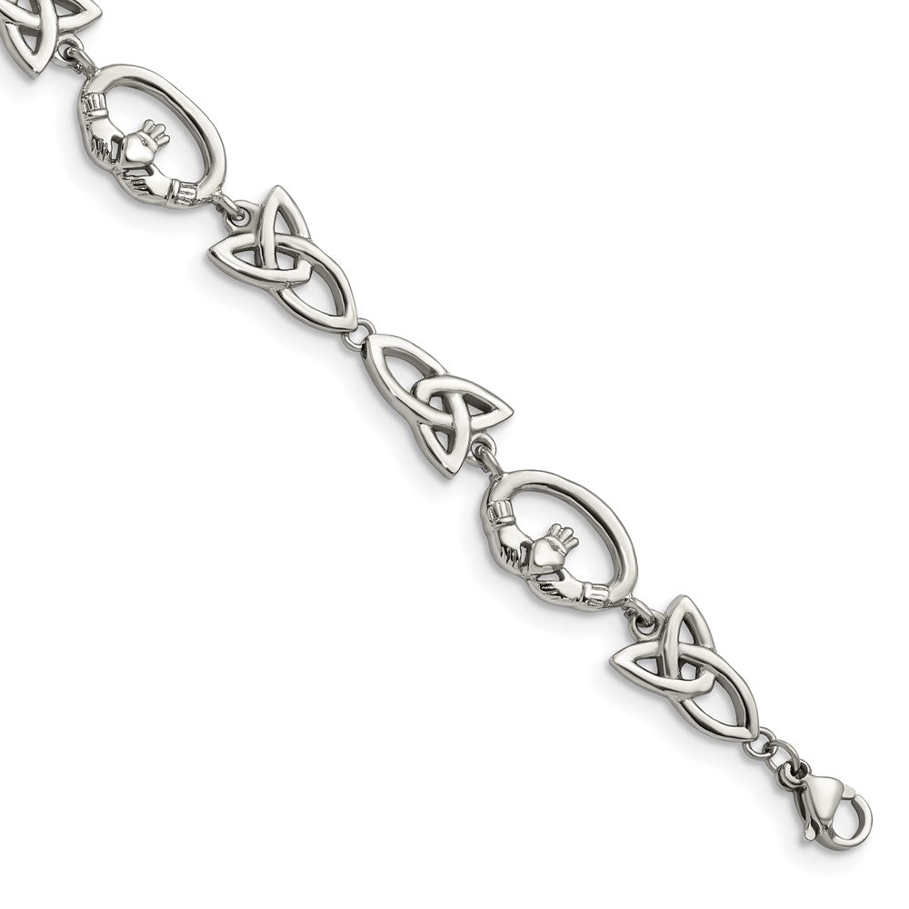 Chisel Stainless Steel Polished 7.75 inch Claddagh and Trinity Knot Bracelet, 7.75 x 9 mm