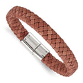 Chisel Stainless Steel Polished Light Brown Braided Leather 8.25 inch Bracelet, 8.25 x 11.5 mm