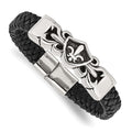 Chisel Stainless Steel Antiqued and Polished Fleur de Lis Black Braided Leather 8.25 inch Bracelet, 8.25 x 12 mm