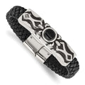Chisel Stainless Steel Antiqued and Polished with Black Onyx Braided Black Leather 8.25 inch Bracelet, 8.25 x 11 mm