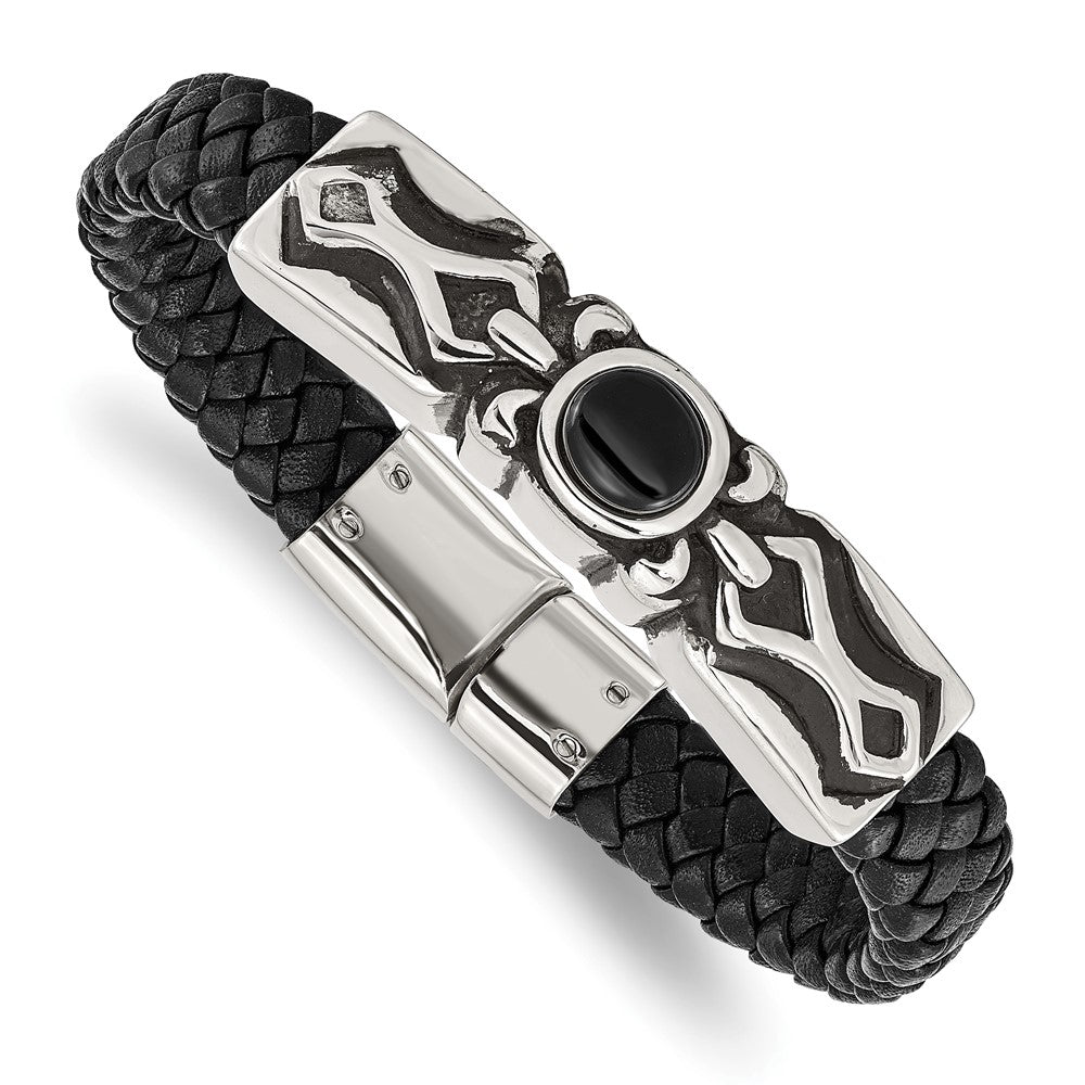 Chisel Stainless Steel Antiqued and Polished with Black Onyx Braided Black Leather 8.25 inch Bracelet, 8.25 x 11 mm