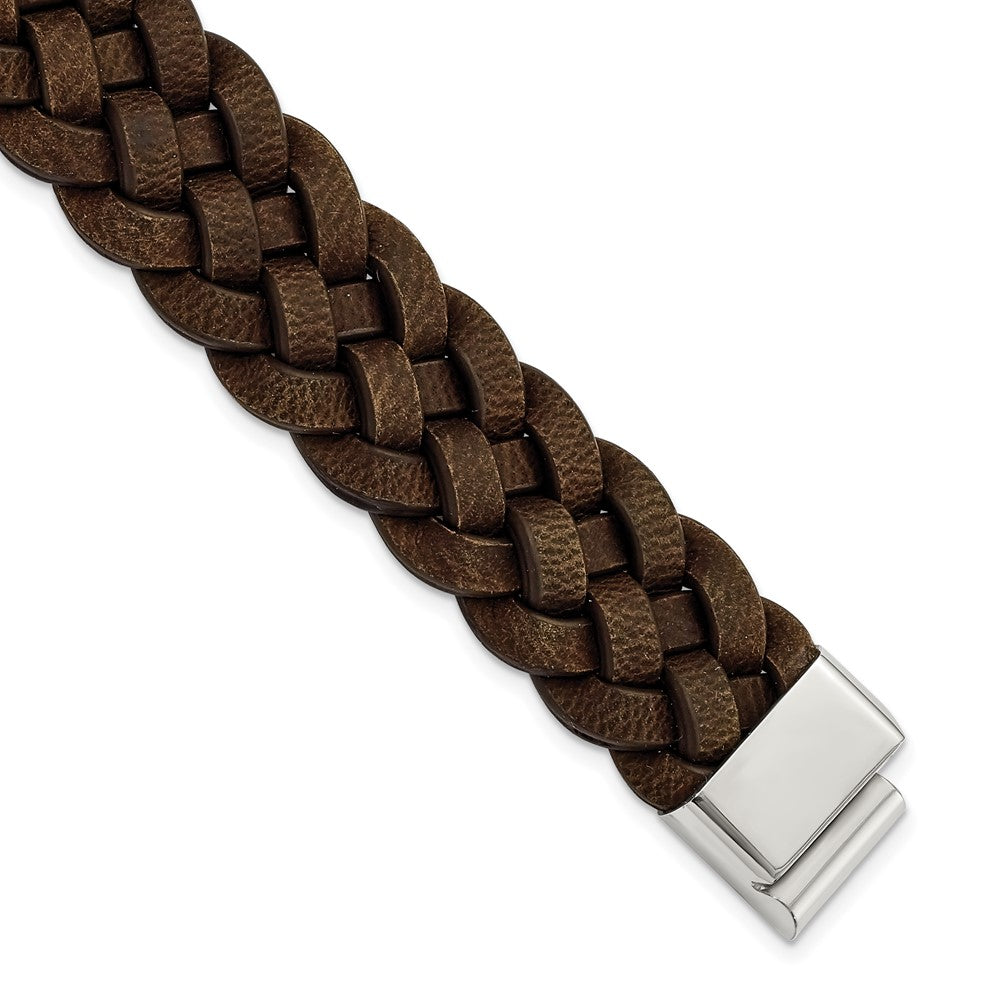 Chisel Stainless Steel Polished Brown Braided Leather 8.75 inch Bracelet, 8.75 x 20 mm
