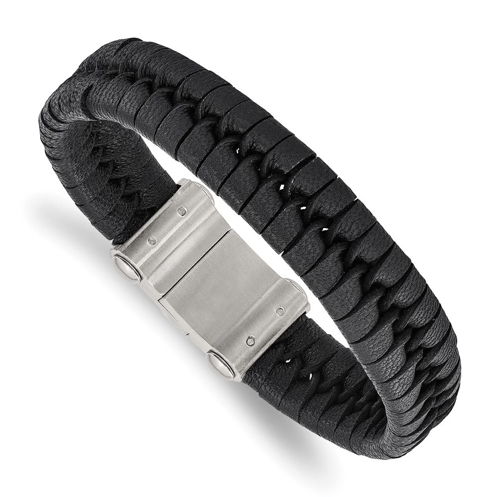 Chisel Stainless Steel Brushed Black Leather 8.5 inch Bracelet, 8.5 x 15 mm