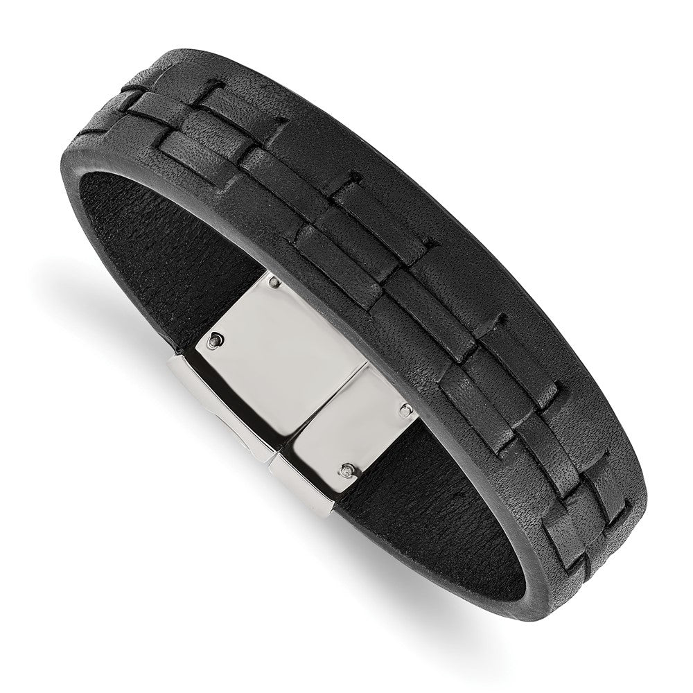 Chisel Stainless Steel Polished Black Leather 8 inch Bracelet, 8 x 16.5 mm