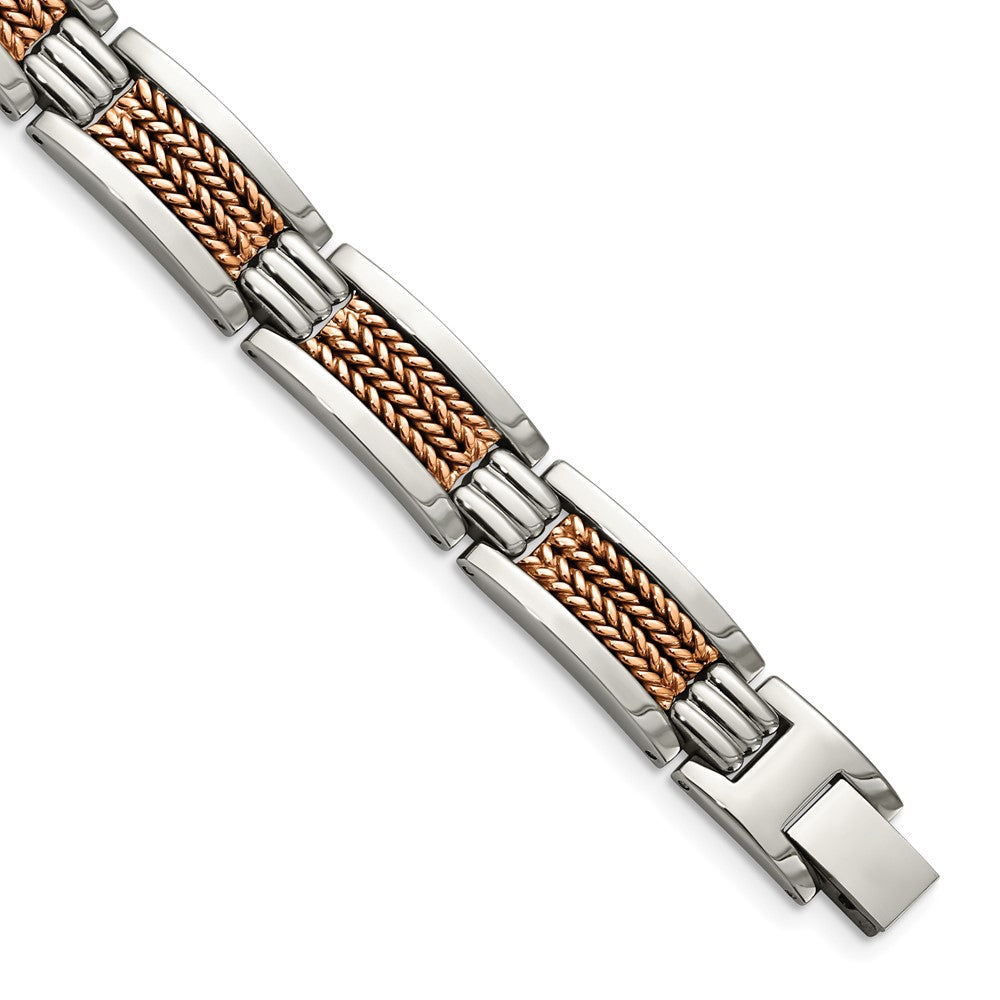 Chisel Stainless Steel Polished and Textured Rose IP-plated 8.5 inch Link Bracelet, 8.5 x 11.5 mm