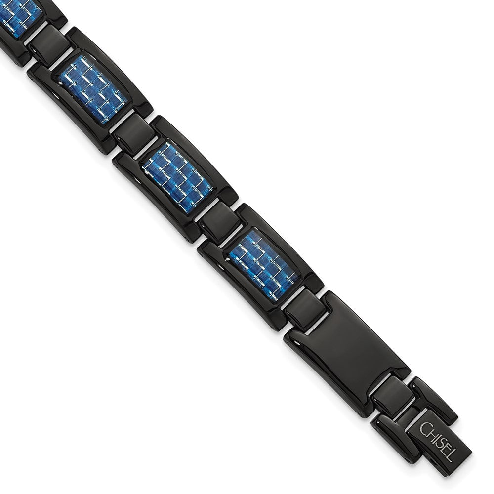 Chisel Stainless Steel Polished Black IP-plated with Blue Carbon Fiber Inlay 8.25 inch Link Bracelet, 8.25 x 12 mm