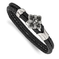 Stainless Steel Antiqued & Polished w/CZ Skull Leather 8.75in Bracelet, 8.75 mm