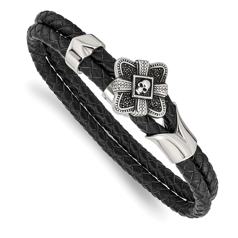 Stainless Steel Antiqued & Polished w/CZ Skull Leather 8.75in Bracelet, 8.75 mm