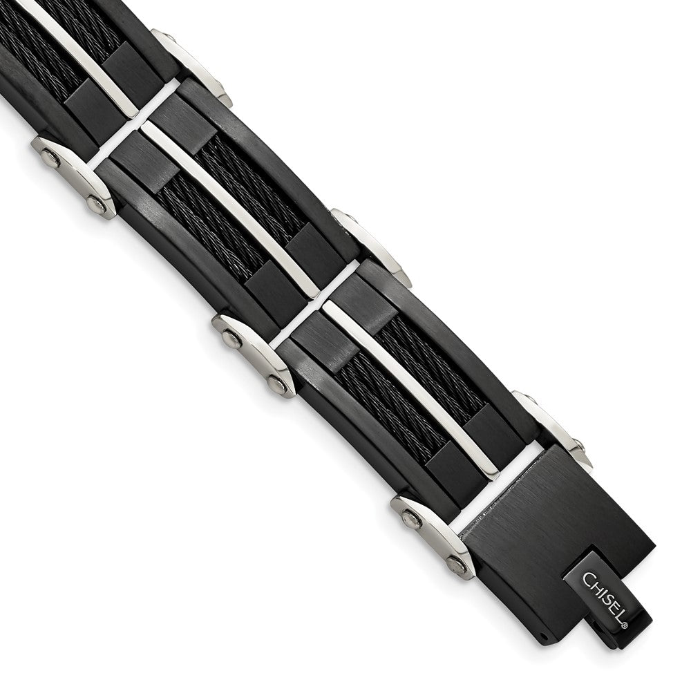 Chisel Stainless Steel Brushed and Polished Black IP-plated with Cable Inlay 8.75 inch Link Bracelet, 8.75 x 17.5 mm