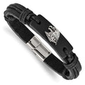 Chisel Stainless Steel Antiqued and Polished Eagle Head Black Leather 8.5 inch Bracelet, 8.5 x 10.5 mm