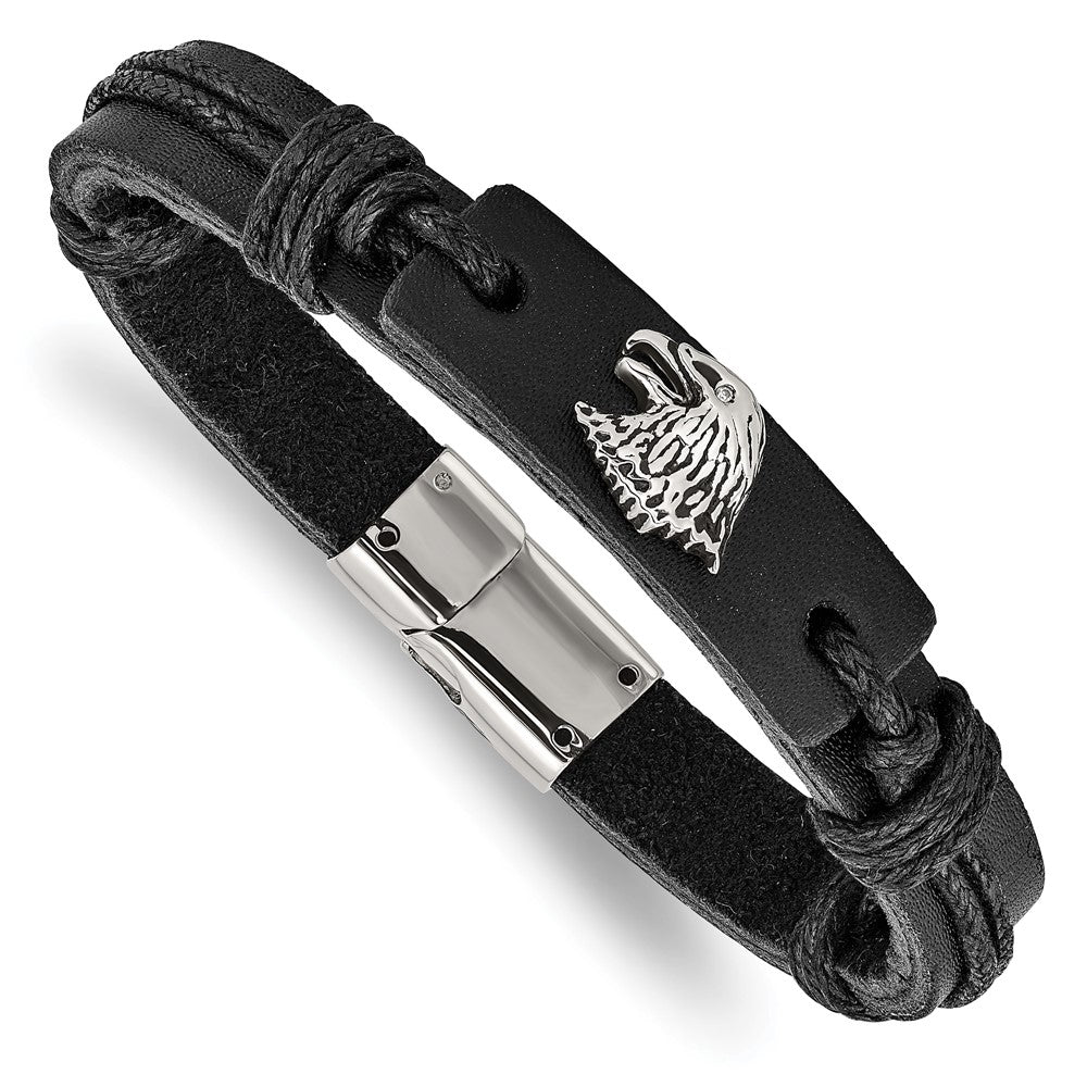 Chisel Stainless Steel Antiqued and Polished Eagle Head Black Leather 8.5 inch Bracelet, 8.5 x 10.5 mm