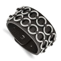 Stainless Steel Polished Textured Black Leather 7.75in Bracelet, 7.75 mm