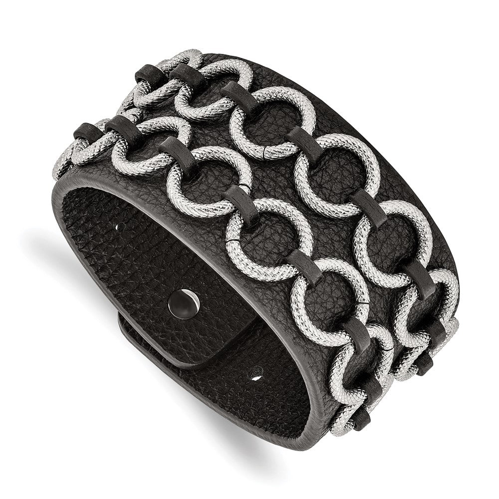 Stainless Steel Polished Textured Black Leather 7.75in Bracelet, 7.75 mm