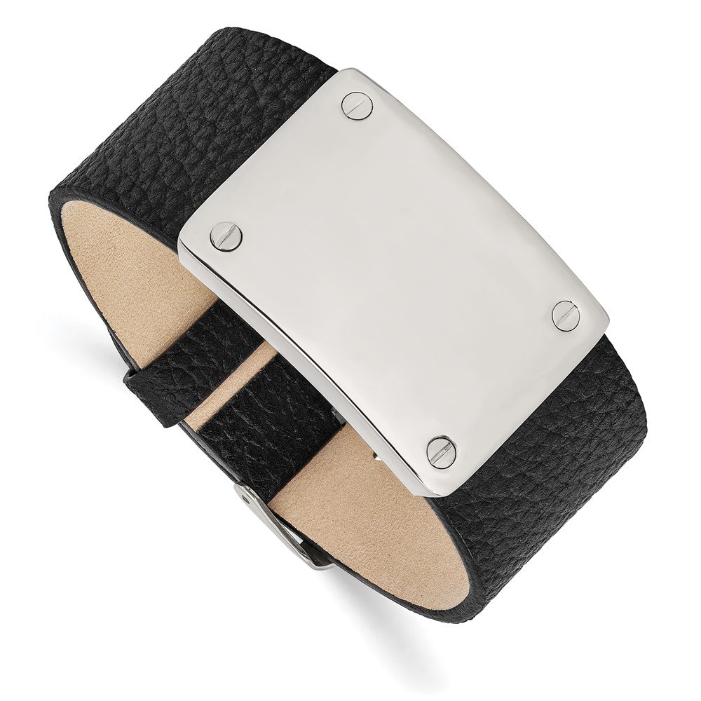 Stainless Steel Polished Black Leather Adjustable 8.5in ID Bracelet, 8.5 mm