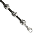 Chisel Stainless Steel Antiqued and Polished Skull Beads Black Braided Leather 8.5 inch Bracelet, 8.5 x 5 mm