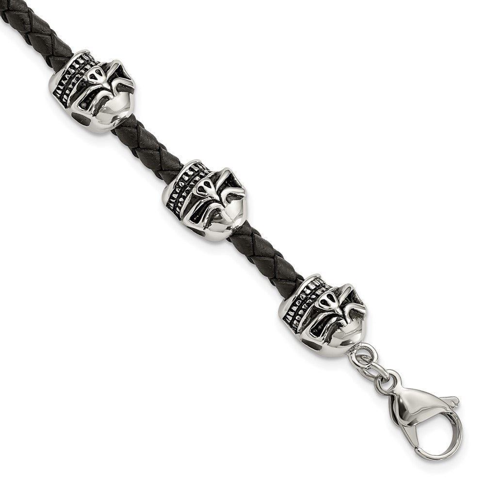Chisel Stainless Steel Antiqued and Polished Skull Beads Black Braided Leather 8.5 inch Bracelet, 8.5 x 5 mm