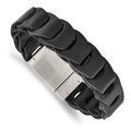 Stainless Steel Brushed Black Leather 8.25in Bracelet, 8.25 mm, 35.22 g