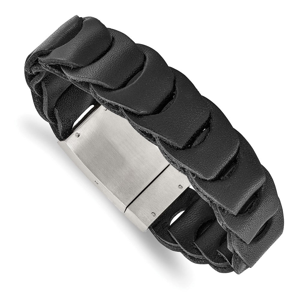 Stainless Steel Brushed Black Leather 8.25in Bracelet, 8.25 mm, 35.22 g