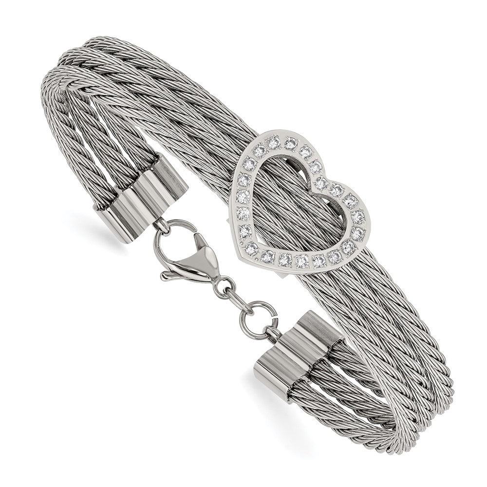 Chisel Stainless Steel Polished wire with CZ Heart 7.5 inch Bracelet, 7.5 x 11 mm