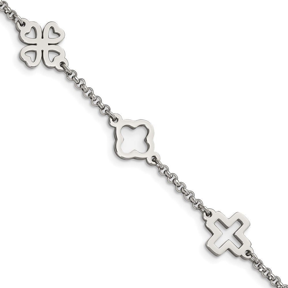 Chisel Stainless Steel Polished Cross and Clovers 7.5 inch Bracelet, 7.5 x 10 mm