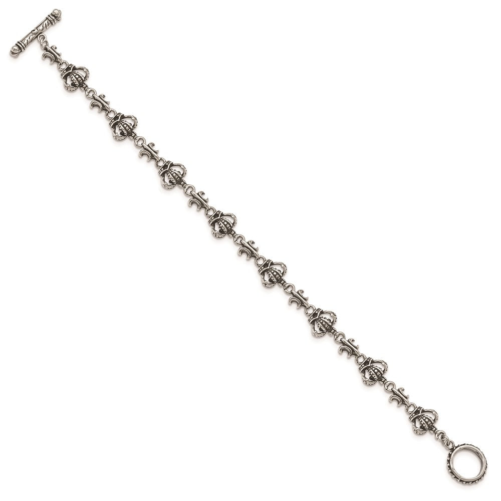 Stainless Steel Antiqued and Polished Crown Bracelet, 7.5 mm