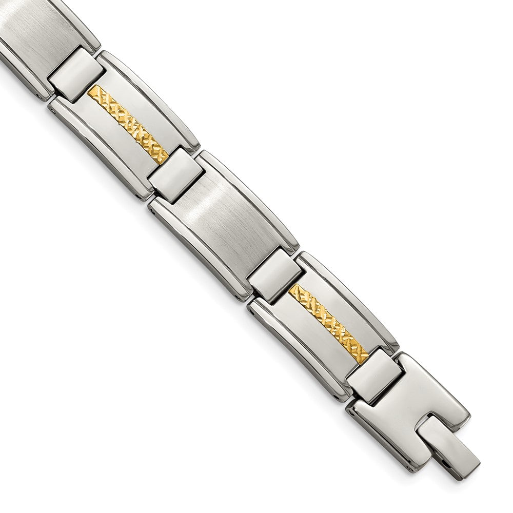 Chisel Stainless Steel with 14k Gold Accent Brushed and Polished 8.75 inch Link Bracelet, 8.75 x 12.5 mm