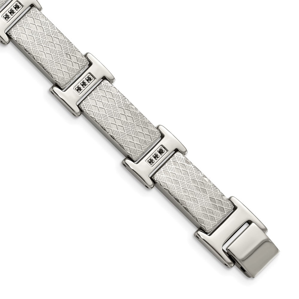 Chisel Stainless Steel Polished and Textured with Black CZ 8.5 inch Link Bracelet, 8.5 x 14 mm