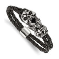 Chisel Stainless Steel Polished and Enameled Skull with Black Glass 2 Strand Braided Black Leather 8.5 inch Bracelet, 8.5 x 10 mm