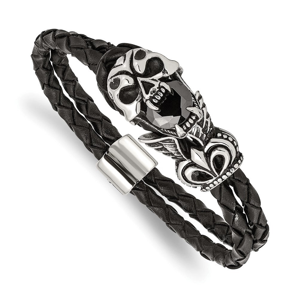 Chisel Stainless Steel Polished and Enameled Skull with Black Glass 2 Strand Braided Black Leather 8.5 inch Bracelet, 8.5 x 10 mm