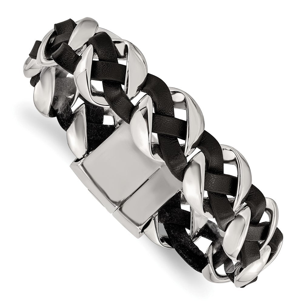 Chisel Stainless Steel Polished Black Braided Leather 8 inch Bracelet, 8 x 18.5 mm