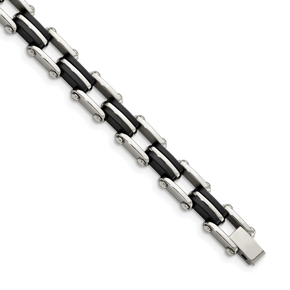 Chisel Stainless Steel Polished with Black Rubber 8.75 inch Link Bracelet, 8.75 x 7 mm