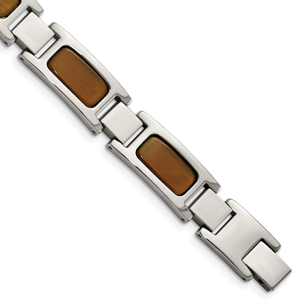Chisel Stainless Steel Polished with Tiger's Eye Inlay 8.5 inch Link Bracelet, 8.5 x 13 mm