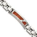 Chisel Stainless Steel Brushed and Polished with Wood Inlay and CZ 8.5 inch Link ID Bracelet, 8.5 x 13 mm