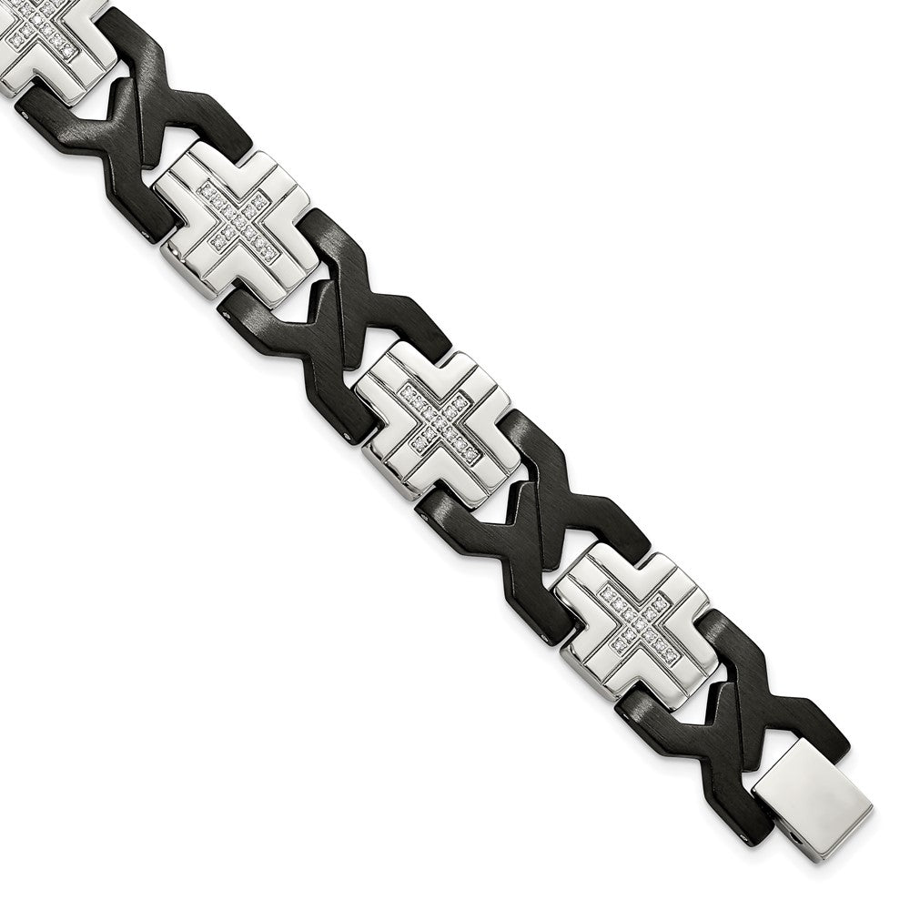 Chisel Stainless Steel Brushed and Polished Black IP-plated with CZ 8.25 inch Cross Link Bracelet, 8.25 x 14.5 mm