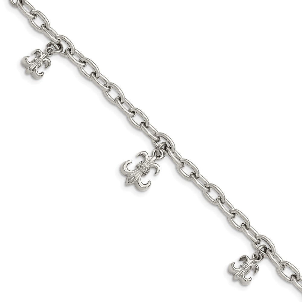 Stainless Steel Polished Fleur de Lis 7in w/3in ext. Bracelet, 7 mm