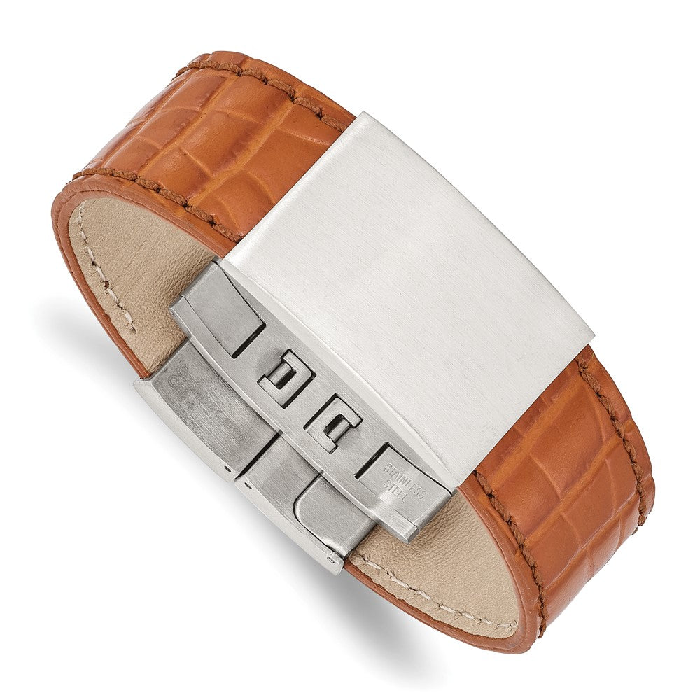 Stainless Steel Satin Textured Light Brown Leather 8in ID Bracelet, 8 x 1 mm