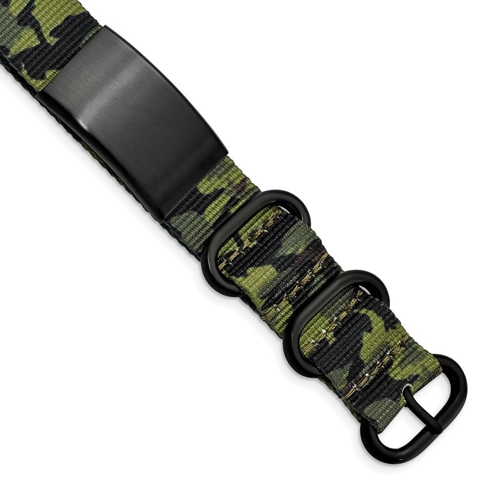 Stainless Steel Brushed Blk IP Green Camo Fabric Adjustable ID Bracelet, 9.75 x 0.75 mm