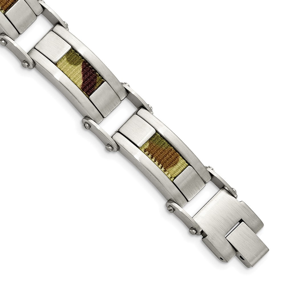 Stainless Steel Brushed w/Brown Camo Fabric Inlay 8.5in Bracelet, 8.5 x 0.5 mm