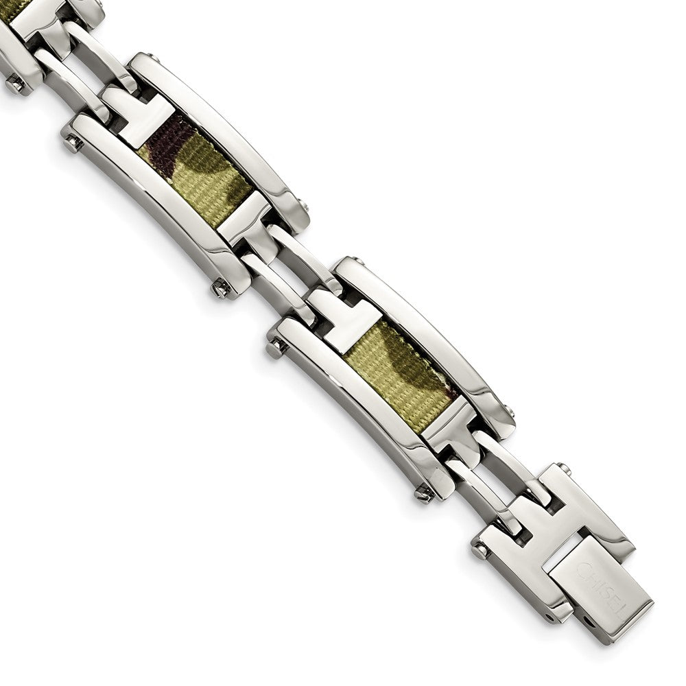 Stainless Steel Polished w/Brown Camo Fabric Inlay 8.75in Bracelet, 8.75 x 0.5 mm
