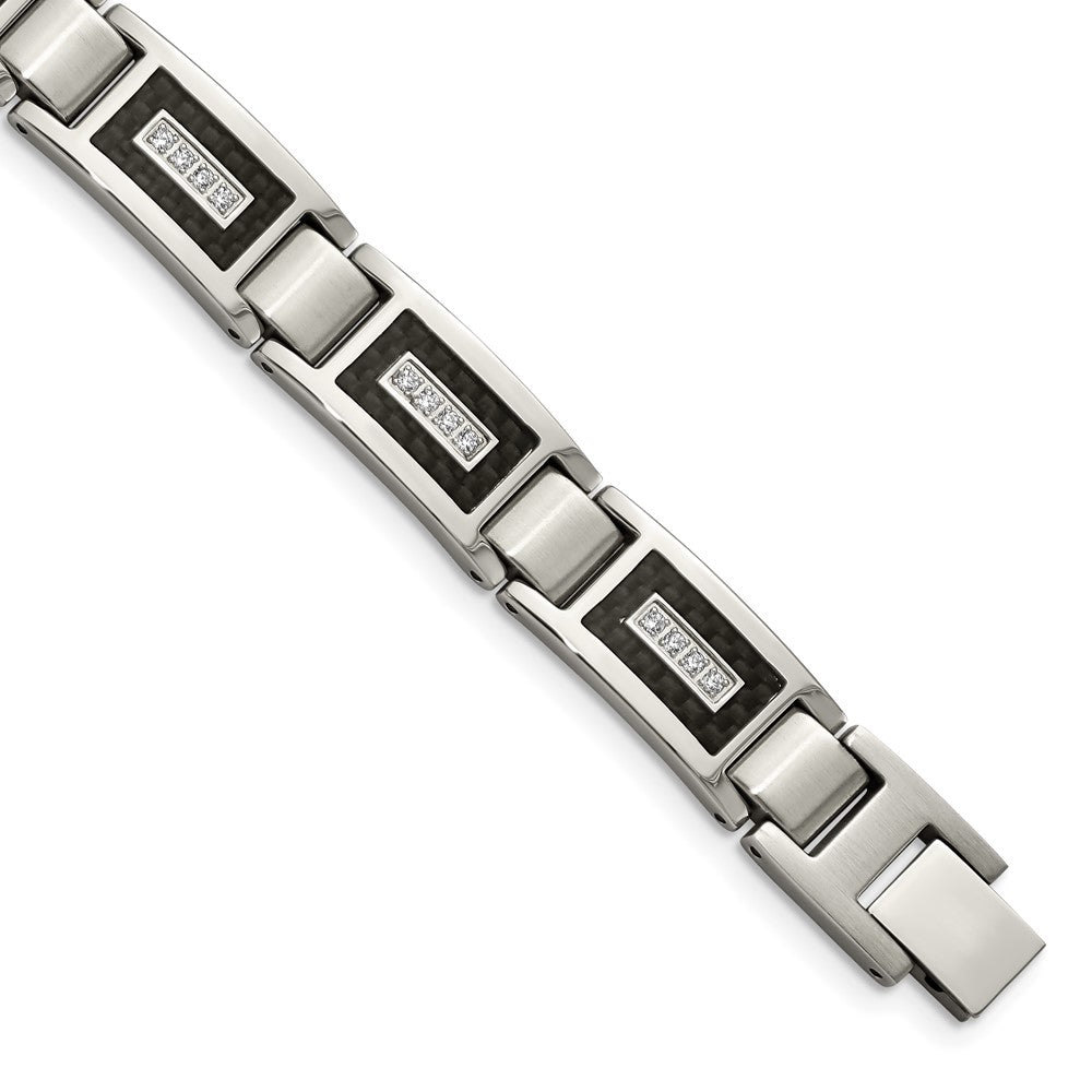 Chisel Stainless Steel Brushed and Polished with CZ and Black Carbon Fiber Inlay 8.75 inch Link Bracelet, 8.75 x 10.88 mm