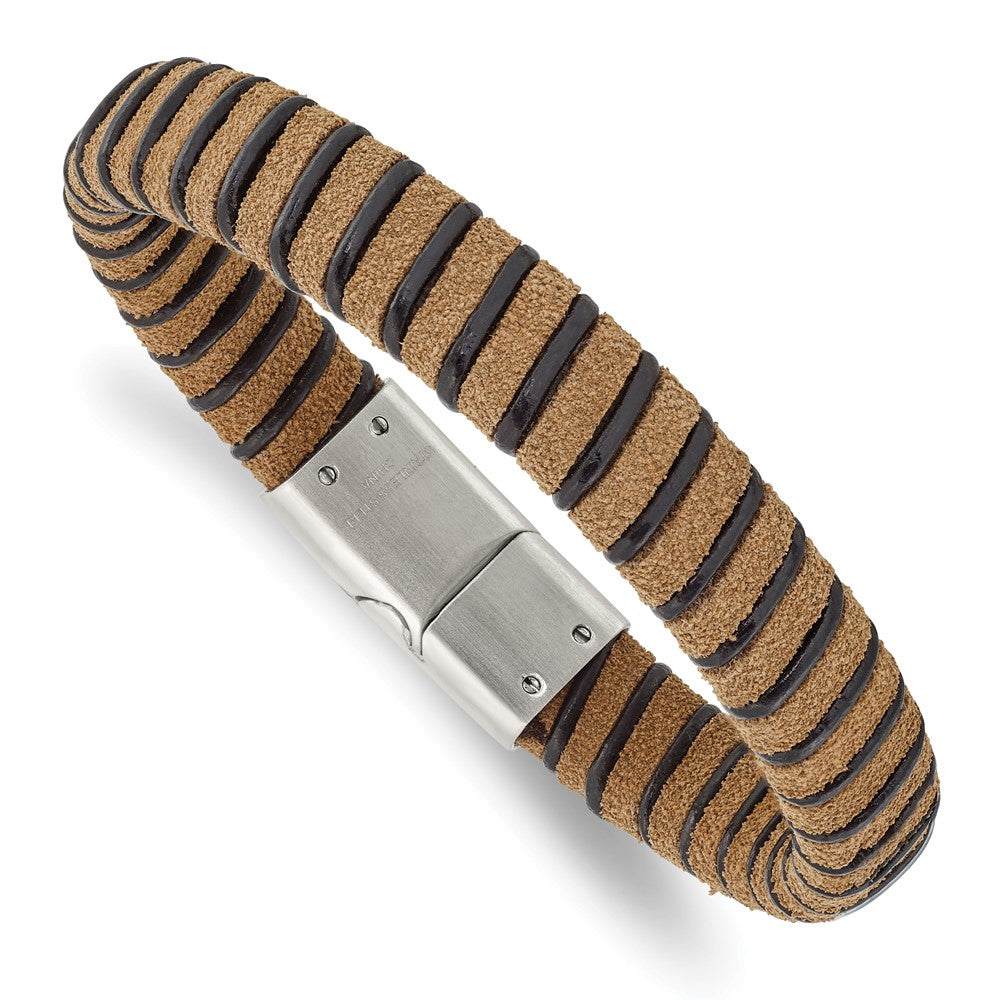 Stainless Steel Brushed Light Brown Suede Black Leather 8.5in Bracelet, 8.5 x 11.5 mm