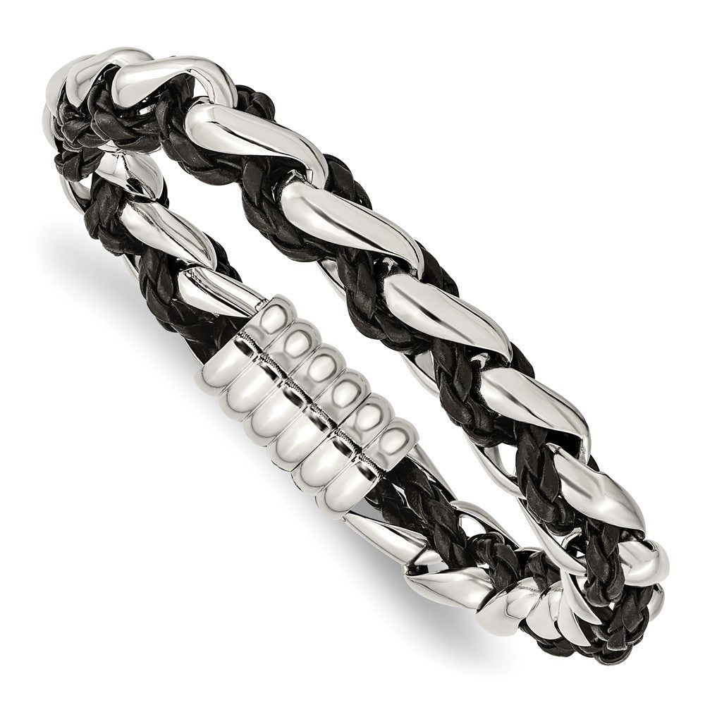 Chisel Stainless Steel Polished Braided Black Leather 8.5 inch Bracelet, 8.5 x 10.76 mm